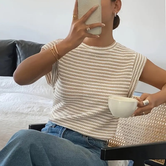 Tops - Striped Tan and White Knit Top